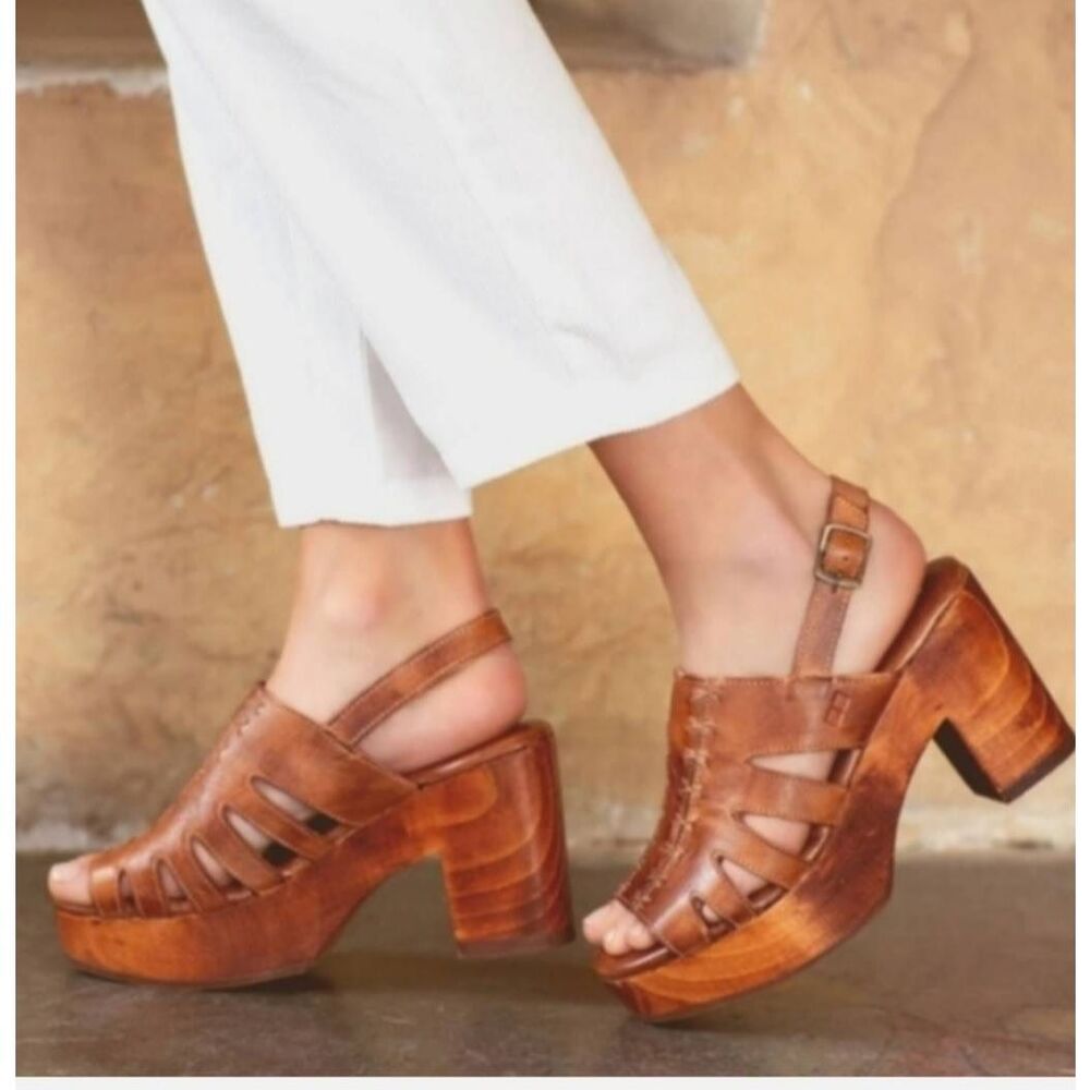 Bed Stu Fontella Leather Wooden Platform Slingback Sandals Size‎ 10